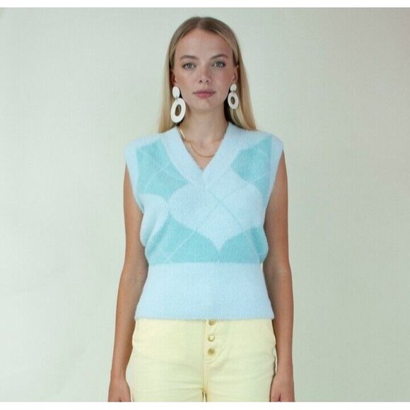 House Of Sunny Argyle Diamond Knit 2 in 1 V Neck Long Sleeve Sweater/Vest US 2 - Picture 2 of 10